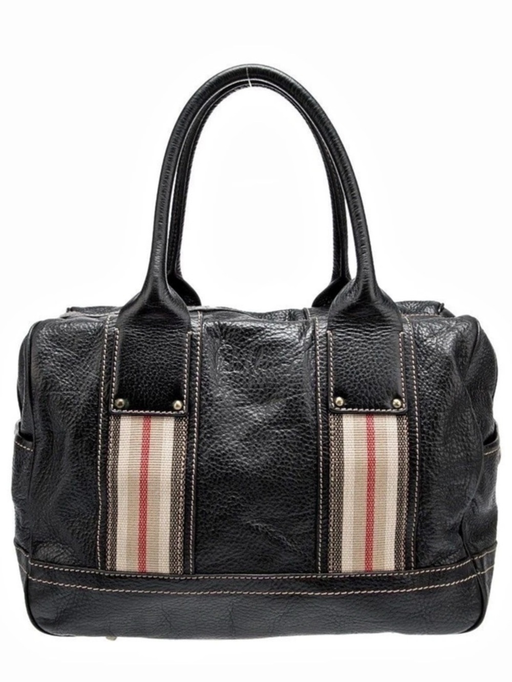 Burberry Black Leather Boston Bag with Canvas Stripe